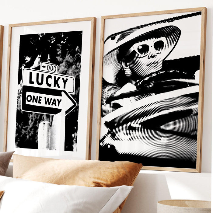 Trendy retro wall art set of 2, retro trendy aesthetic print, lucky you poster,black and white wall art,funny art, minimalist, printable art