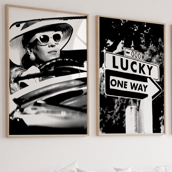 Trendy retro wall art set of 2, retro trendy aesthetic print, lucky you poster,black and white wall art,funny art, minimalist, printable art