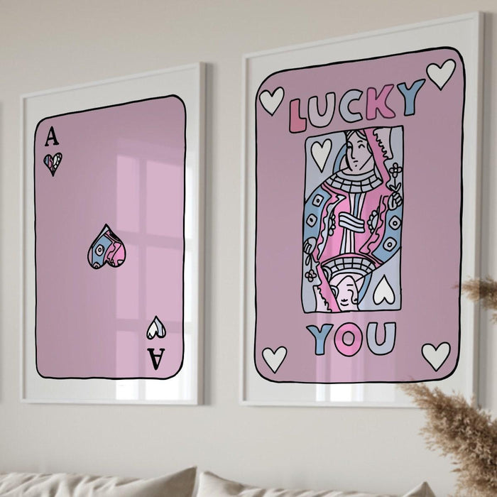 Trendy retro wall art set of 2,retro trendy aesthetic print,lucky you poster,pink print,trendy wall art,funny art, minimalist, digital art