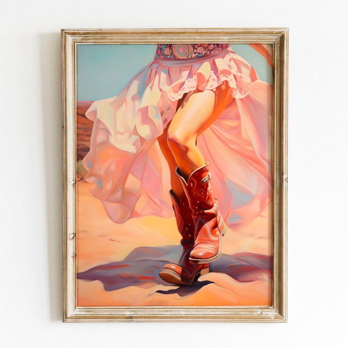 Trendy retro wall art cowgirl boots printable, pink painting, western, southern girl dorm room wall art, boho girly decor digital download