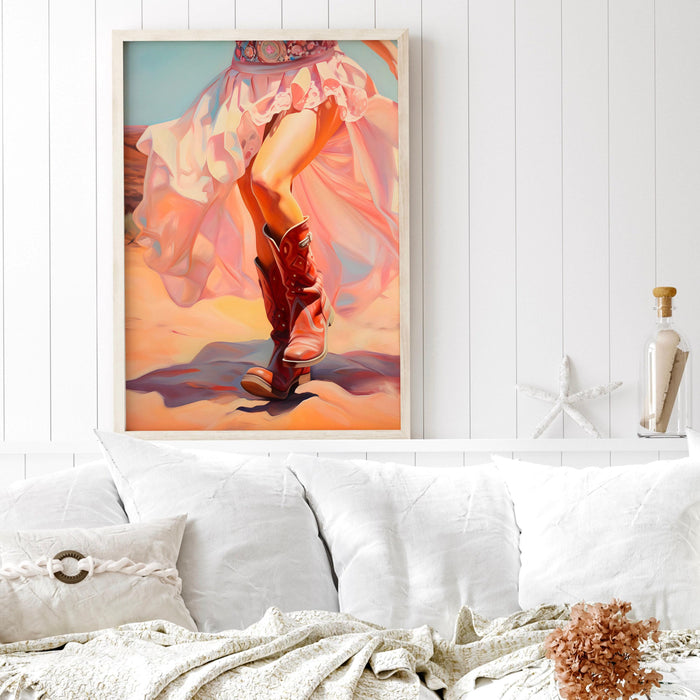 Trendy retro wall art cowgirl boots printable, pink painting, western, southern girl dorm room wall art, boho girly decor digital download