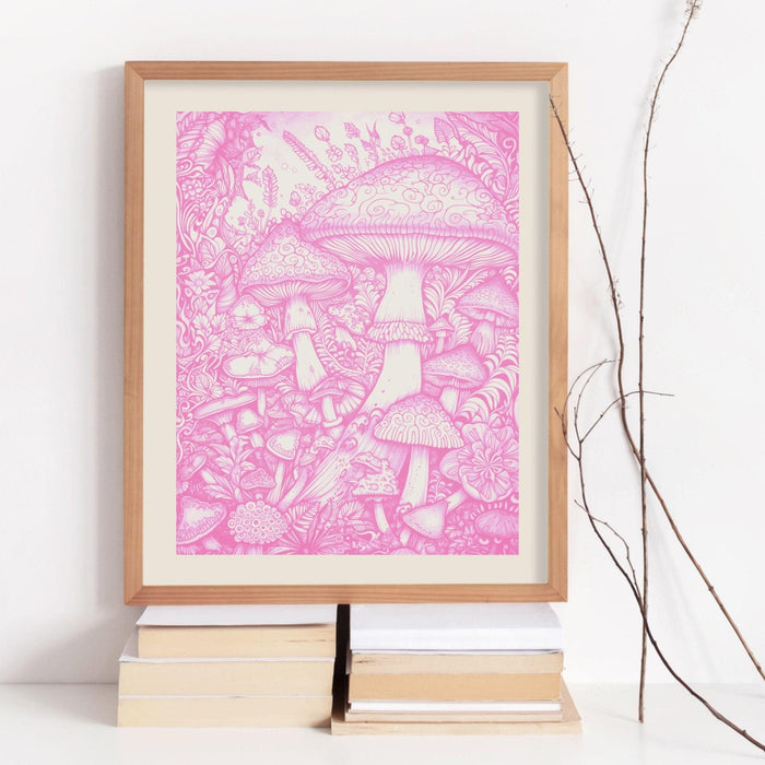 Trendy retro pink wall art mushrooms, retro trendy aesthetic print, mushroom poster, pink cream wall decor trendy art minimalistic printable