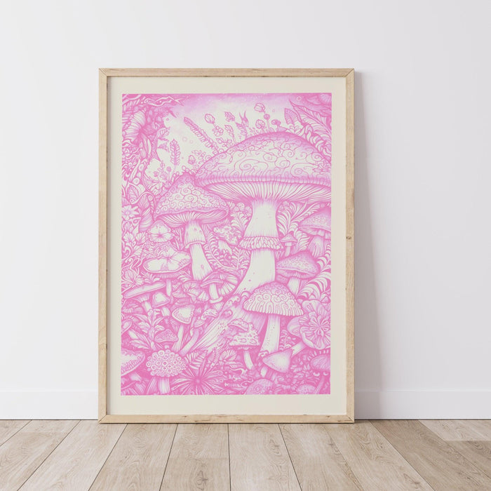 Trendy retro pink wall art mushrooms, retro trendy aesthetic print, mushroom poster, pink cream wall decor trendy art minimalistic printable