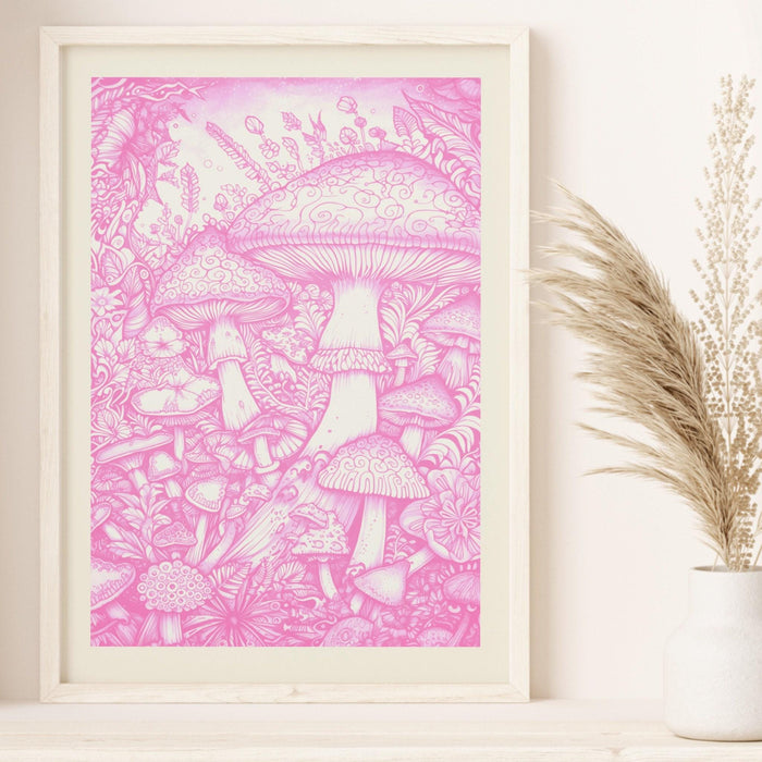 Trendy retro pink wall art mushrooms, retro trendy aesthetic print, mushroom poster, pink cream wall decor trendy art minimalistic printable