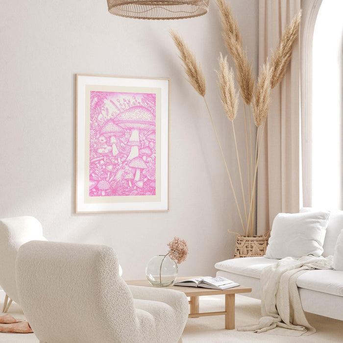 Trendy retro pink wall art mushrooms, retro trendy aesthetic print, mushroom poster, pink cream wall decor trendy art minimalistic printable