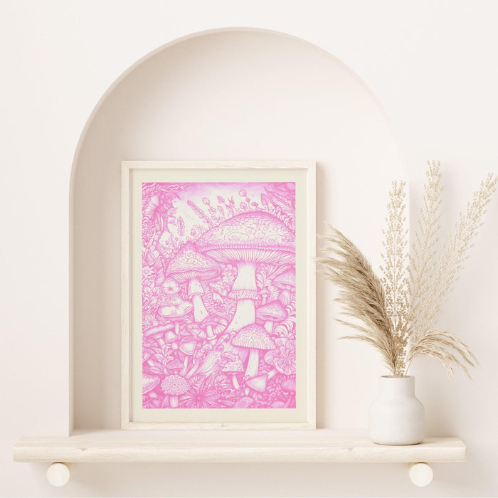 Trendy retro pink wall art mushrooms, retro trendy aesthetic print, mushroom poster, pink cream wall decor trendy art minimalistic printable