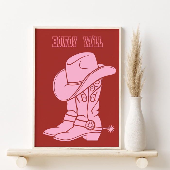 Trendy pink and red print, retro style poster, cowgirl with lassoo modern wall art, printable wall art, cute dorm decor, howdy, cowboy boots
