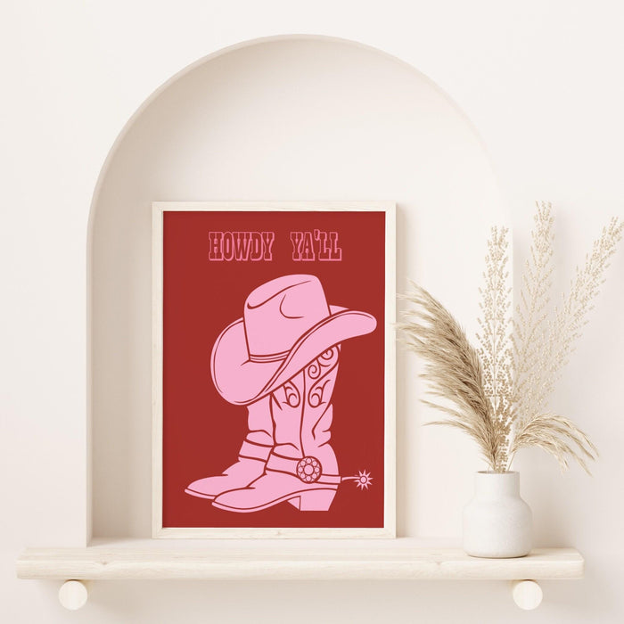 Trendy pink and red print, retro style poster, cowgirl with lassoo modern wall art, printable wall art, cute dorm decor, howdy, cowboy boots