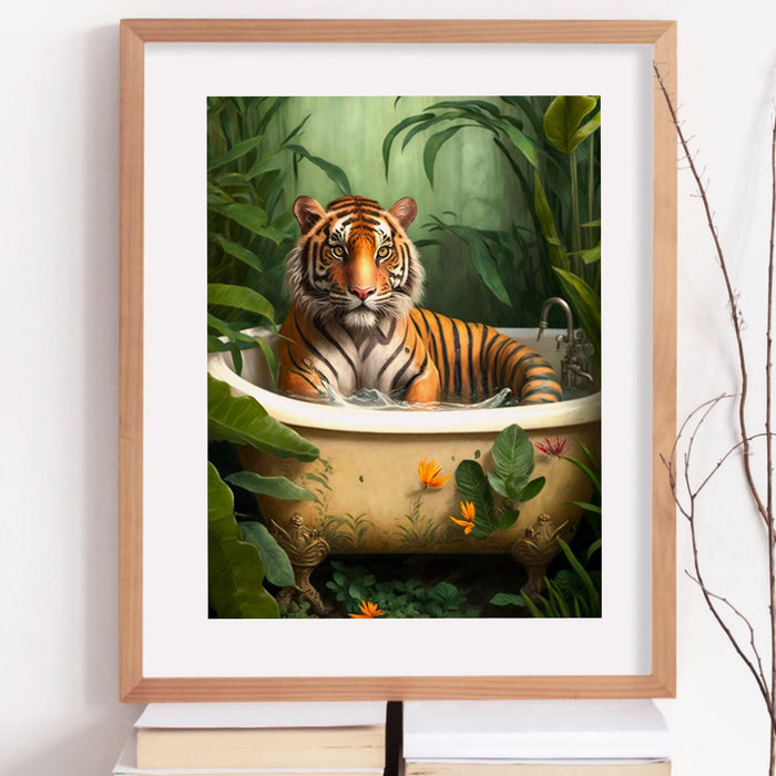 Tiger in bath bathroom art print, maximalist animal in bathtub jungle wall art, funny bathroom printable, eclectic boho bathroom home decor
