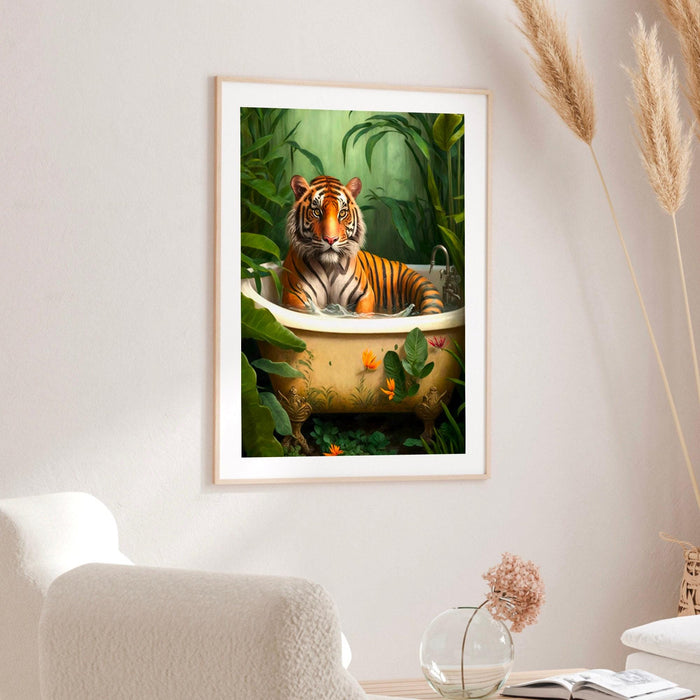 Tiger in bath bathroom art print, maximalist animal in bathtub jungle wall art, funny bathroom printable, eclectic boho bathroom home decor