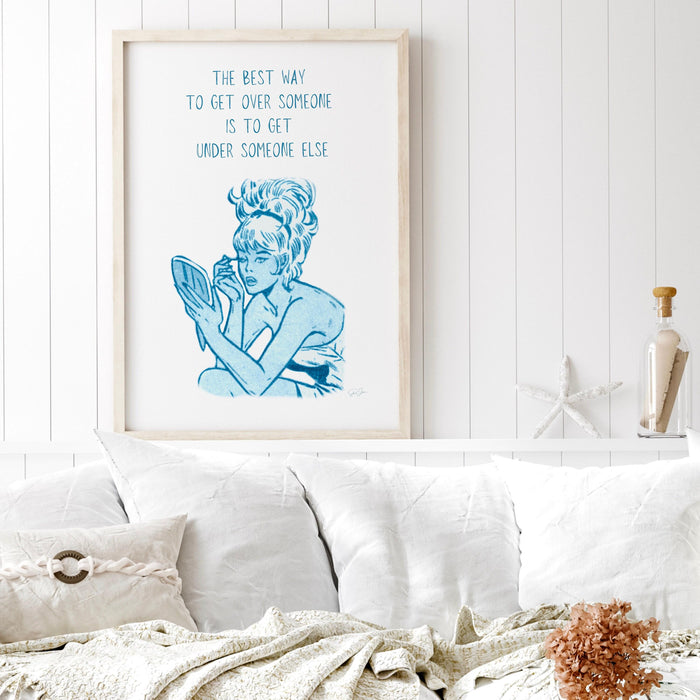 The best way to get over him,retro poster,blue wall decor,breakup gift,digital download,girly dorm room art,divorce party poster