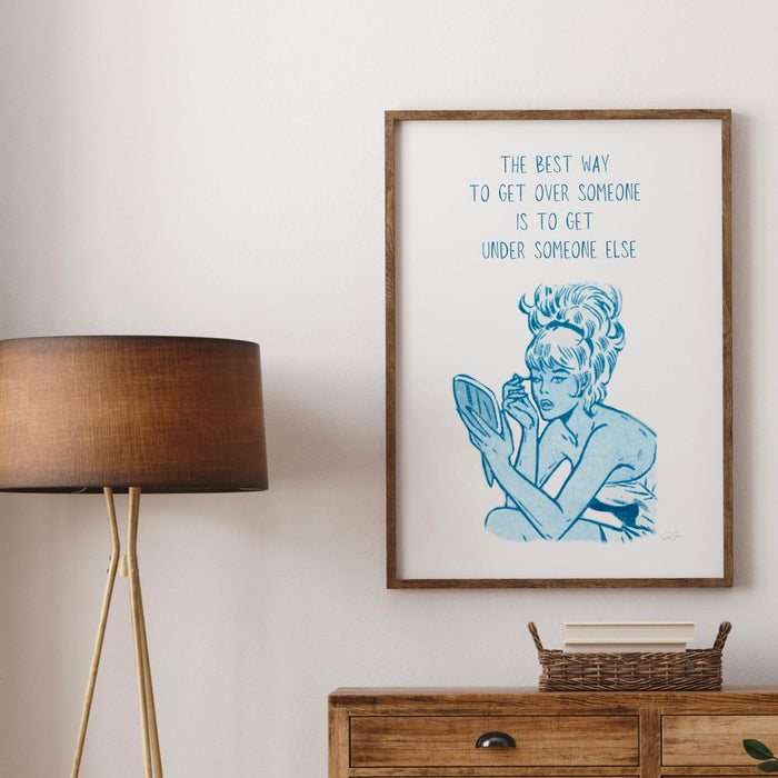 The best way to get over him,retro poster,blue wall decor,breakup gift,digital download,girly dorm room art,divorce party poster