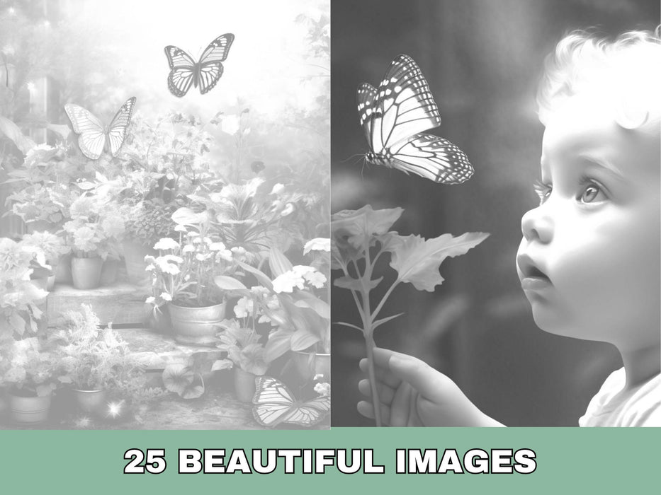 Secret garden | delicate printable adult grayscale colouring book pages | set of 25 printable coloring in pages instant digital download pdf