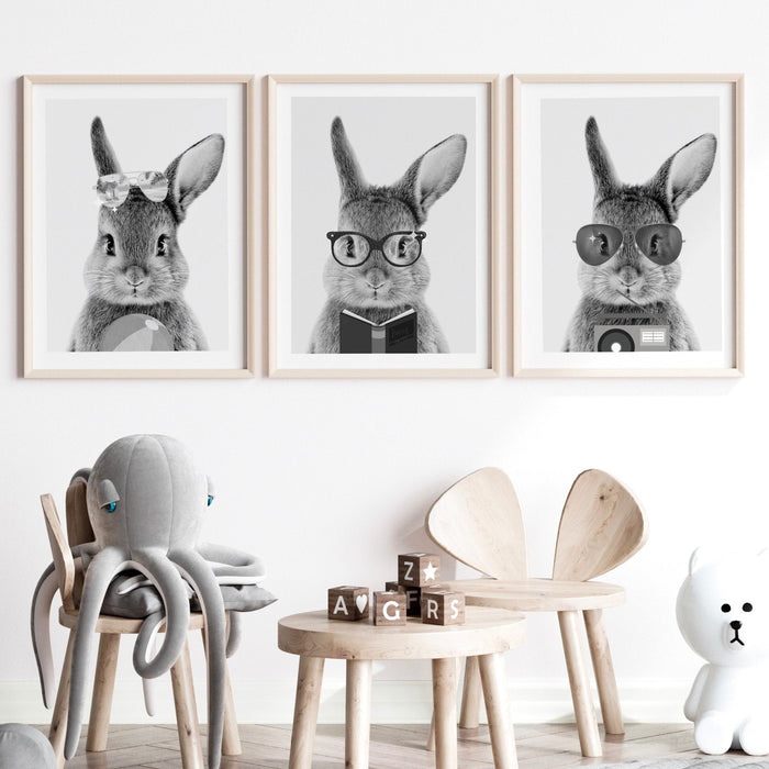 Safari animals nursery prints set of 3, black and white minimalist wall art, kids playroom decor, rabbit nursery decor, printable, baby gift