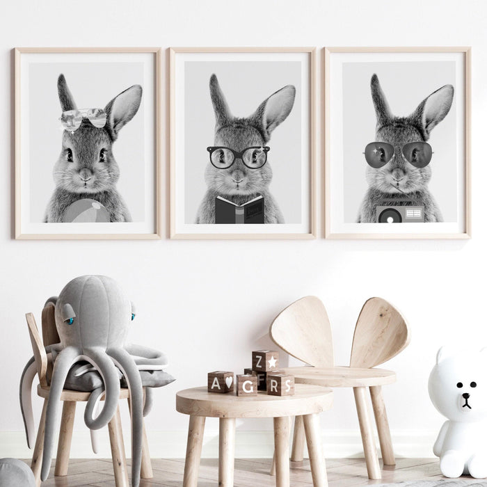 Safari animals nursery prints set of 3, black and white minimalist wall art, kids playroom decor, rabbit nursery decor, printable, baby gift