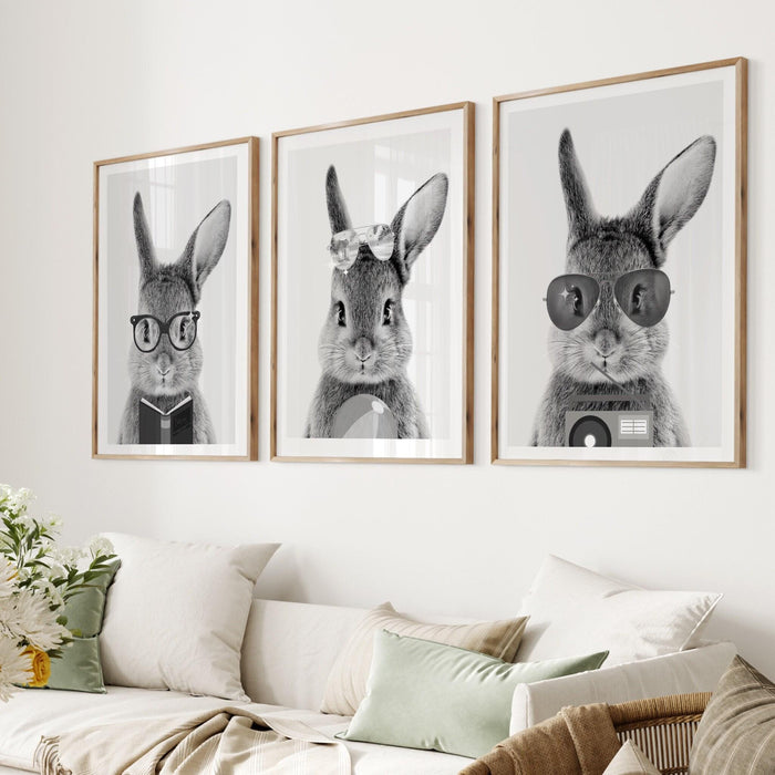 Safari animals nursery prints set of 3, black and white minimalist wall art, kids playroom decor, rabbit nursery decor, printable, baby gift