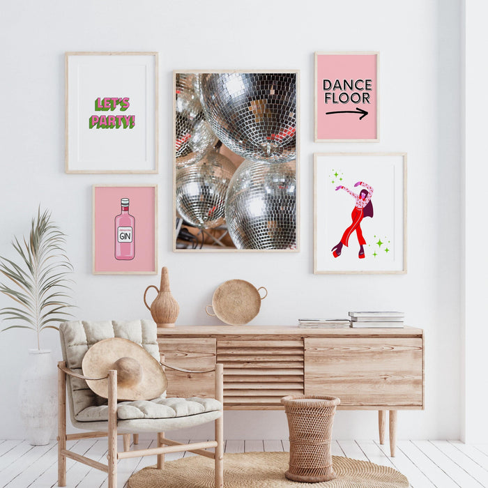 Printable art,disco, pink gallery wall print set, 5 pieces, printable pink vibrant wall art, multiple sizes, trendy, 70's retro,