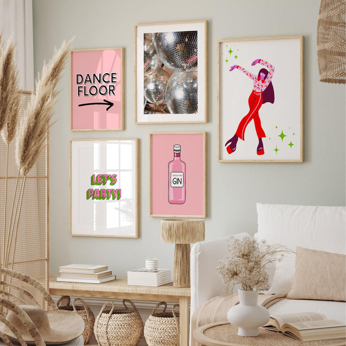 Printable art,disco, pink gallery wall print set, 5 pieces, printable pink vibrant wall art, multiple sizes, trendy, 70's retro,