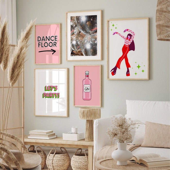 Printable art,disco, pink gallery wall print set, 5 pieces, printable pink vibrant wall art, multiple sizes, trendy, 70's retro,
