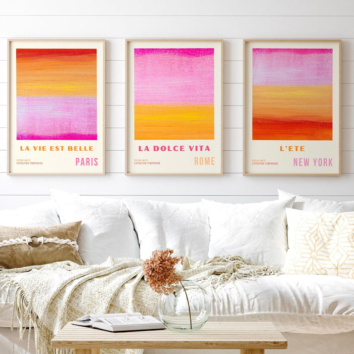 Pink wall art, abstract poster, 70s style poster, 60s flower print, orange pink decor, dork room wall art, printable set of 3, aesthetic art