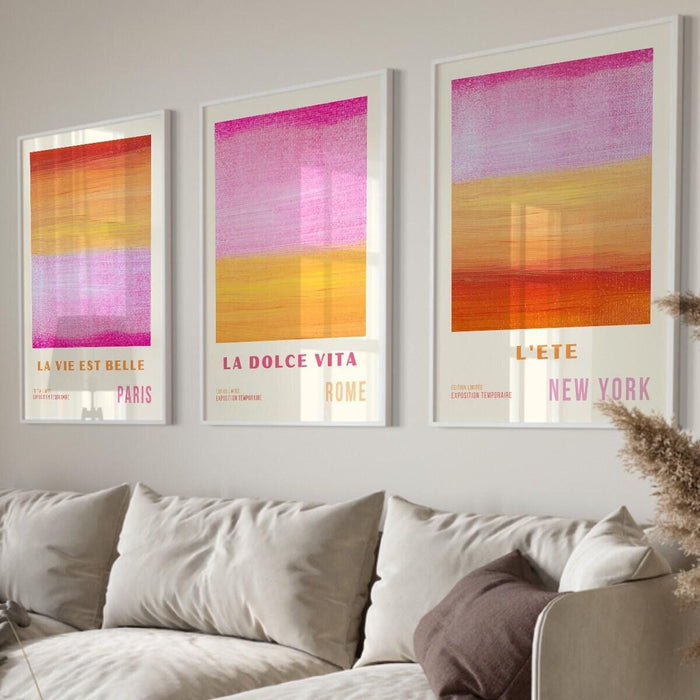 Pink wall art, abstract poster, 70s style poster, 60s flower print, orange pink decor, dork room wall art, printable set of 3, aesthetic art