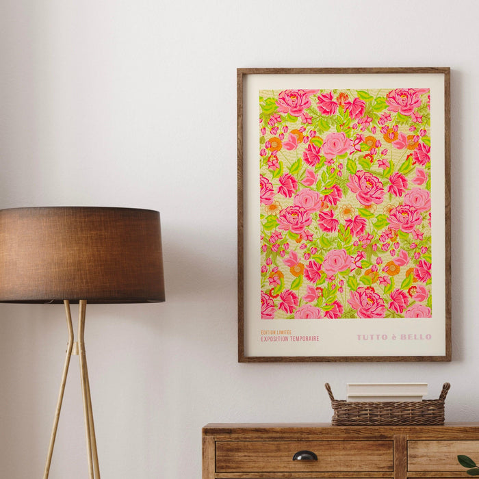 Pink roses print, flower market digital download, 70s style poster, 60s flower print, pink orange decor, pink green wall art, printable art