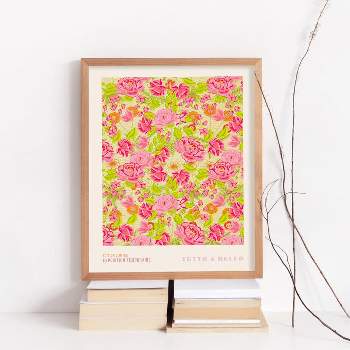 Pink roses print, flower market digital download, 70s style poster, 60s flower print, pink orange decor, pink green wall art, printable art