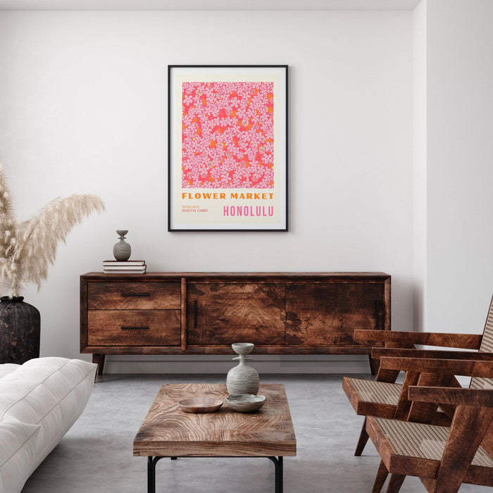 Pink print, flower market digital download print, 70s style poster, honolulu art, pink decor, printable art, pink wall art, honolulu print,
