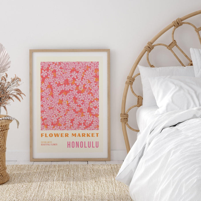 Pink print, flower market digital download print, 70s style poster, honolulu art, pink decor, printable art, pink wall art, honolulu print,