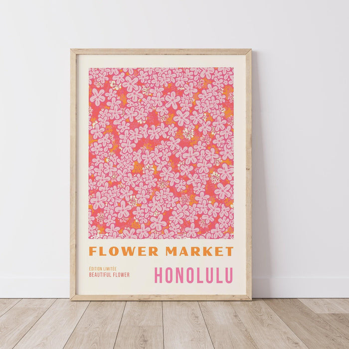 Pink print, flower market digital download print, 70s style poster, honolulu art, pink decor, printable art, pink wall art, honolulu print,