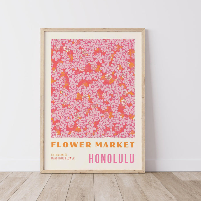 Pink print, flower market digital download print, 70s style poster, honolulu art, pink decor, printable art, pink wall art, honolulu print,