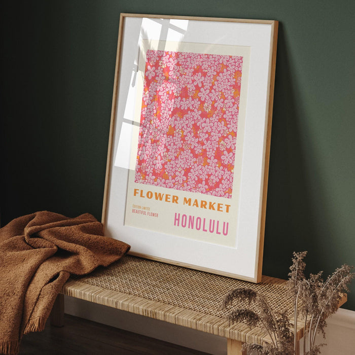 Pink print, flower market digital download print, 70s style poster, honolulu art, pink decor, printable art, pink wall art, honolulu print,