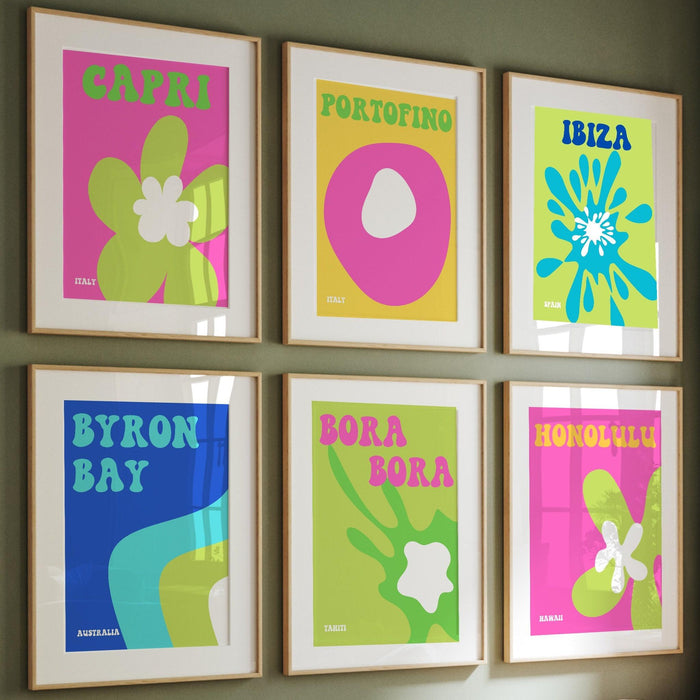 Pink preppy wall art pack of 6, digital print, preppy art, preppy poster print, preppy room decor, college room decor, ibiza pink green blue