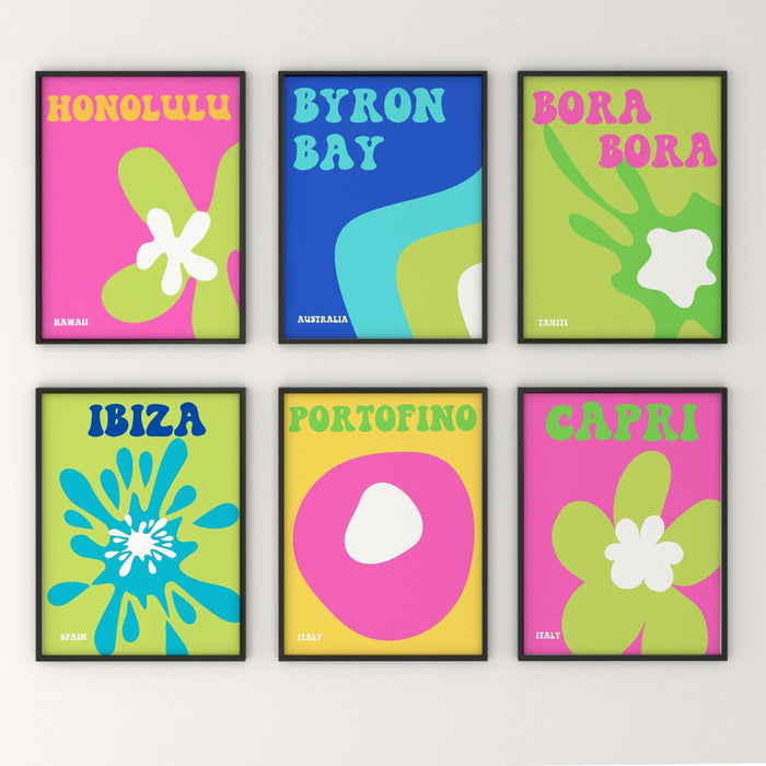 Pink preppy wall art pack of 6, digital print, preppy art, preppy poster print, preppy room decor, college room decor, ibiza pink green blue