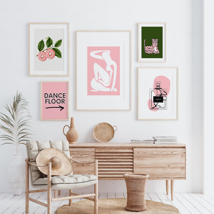Pink gallery wall set of 5, trendy wall art, matisse pink green art, fashion print, pink preppy wall decor art print set,
