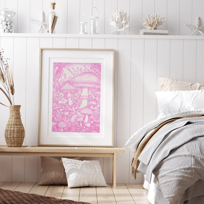Mushrooms, trendy retro pink wall art mushrooms, retro trendy aesthetic print pink white wall decor trendy art minimalistic printable poster