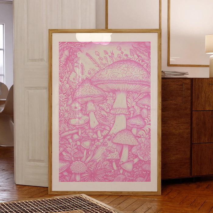 Mushrooms, trendy retro pink wall art mushrooms, retro trendy aesthetic print pink white wall decor trendy art minimalistic printable poster