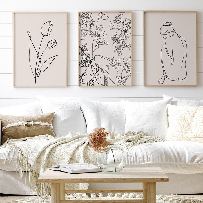 Neutral wall prints set of 3 prints,, botanical wall prints, botanical line art,beige home decor, line drawing, female body,digital download