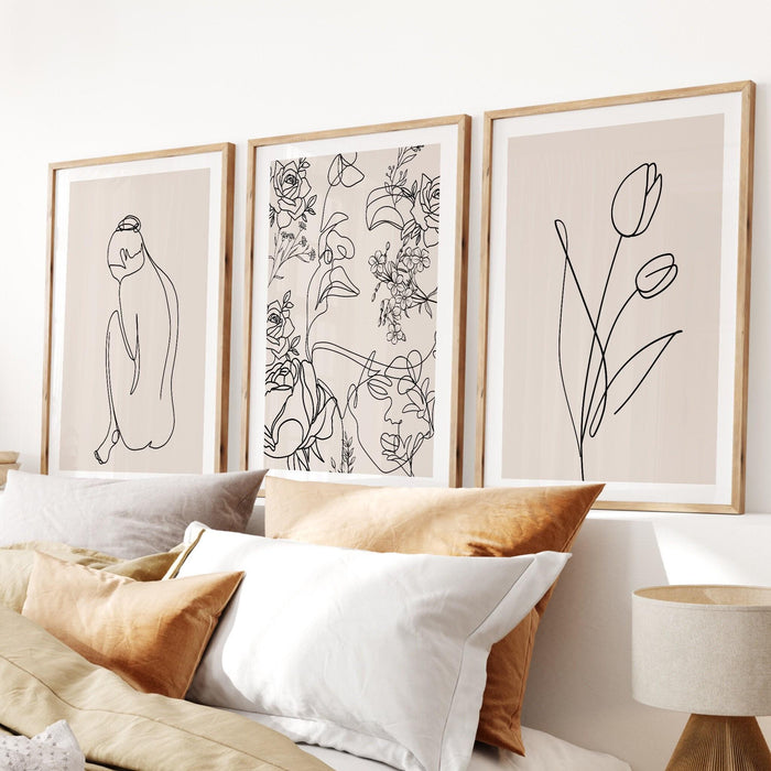 Neutral wall prints set of 3 prints,, botanical wall prints, botanical line art,beige home decor, line drawing, female body,digital download