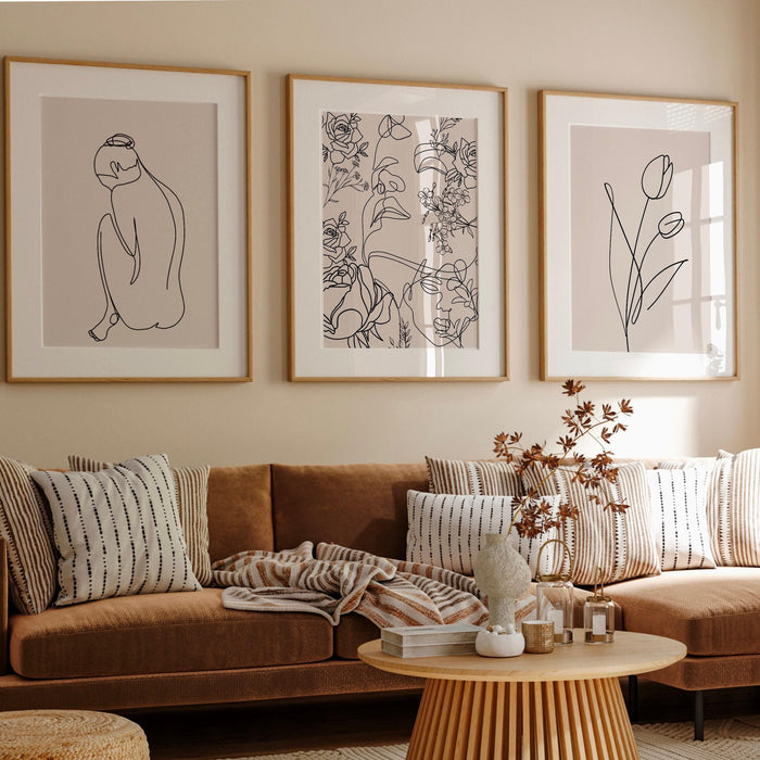 Neutral wall prints set of 3 prints,, botanical wall prints, botanical line art,beige home decor, line drawing, female body,digital download
