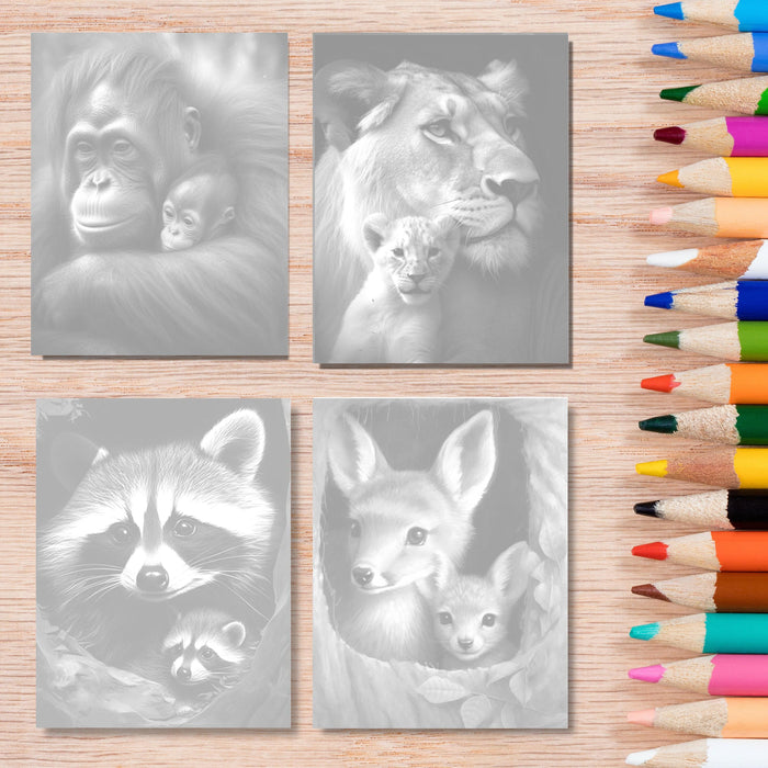 Mother love animals | printable adult grayscale colouring book pages | set of 20 printable coloring in pages instant digital download pdf