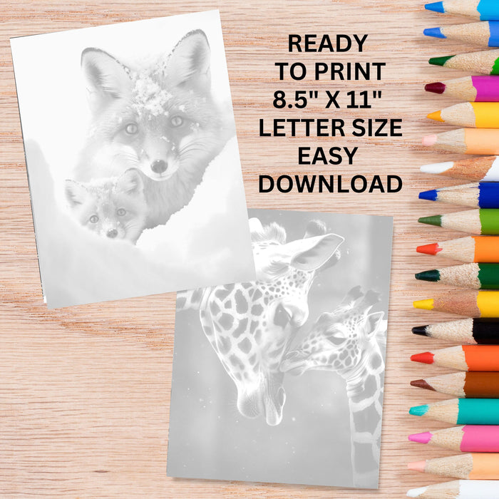 Mother love animals | printable adult grayscale colouring book pages | set of 20 printable coloring in pages instant digital download pdf