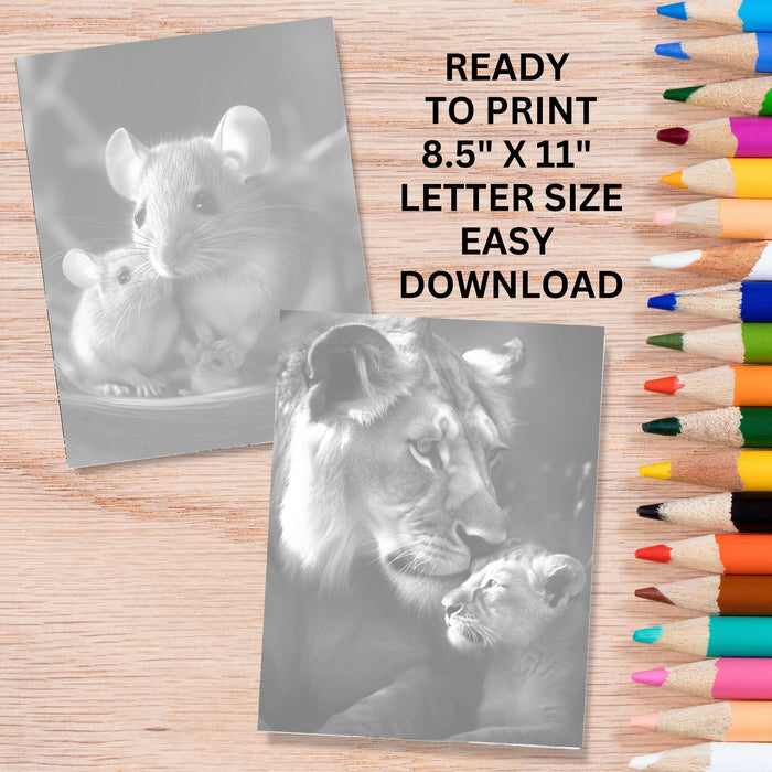 Mother love animals | printable adult grayscale colouring book pages | set of 20 printable coloring in pages instant digital download pdf