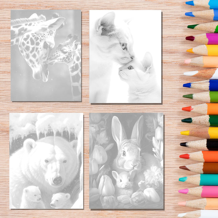 Mother love animals | printable adult grayscale colouring book pages | set of 20 printable coloring in pages instant digital download pdf