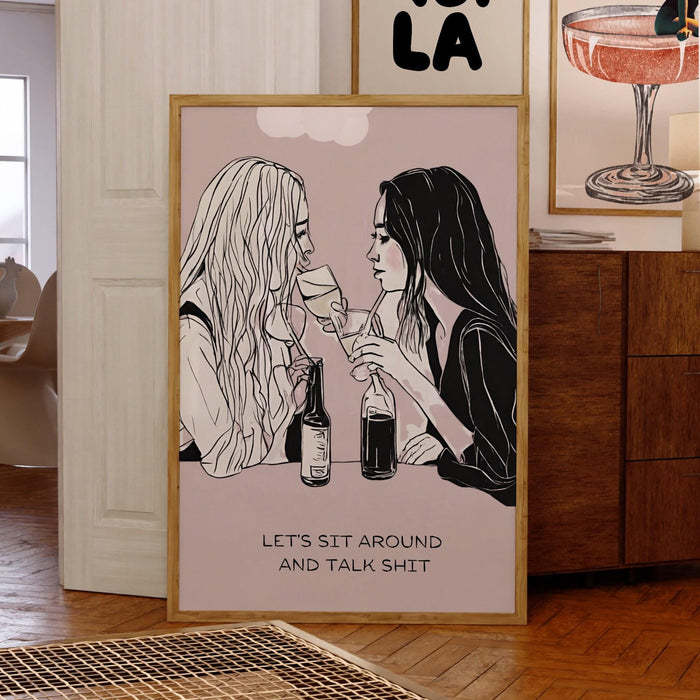 Let's sit around and talk shit-cocktail wall art-bar cart prints-digital prints- pink wall art-cocktail art-minimalist art-bar cart-dorm