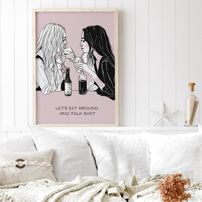 Let's sit around and talk shit-cocktail wall art-bar cart prints-digital prints- pink wall art-cocktail art-minimalist art-bar cart-dorm