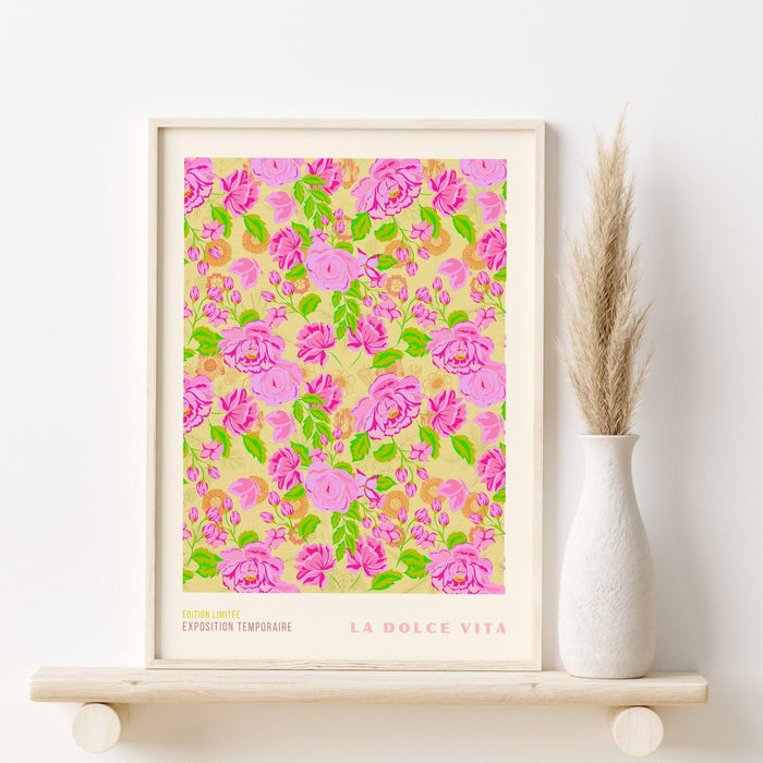 La dolce vita, liberty print digital download, 50s style poster, 60s flower print, pink orange decor, exhibition print, pink printable art