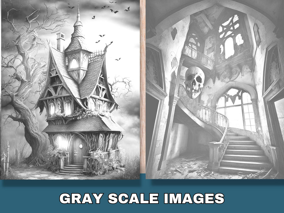 Haunted house set of 12 adult coloring pages, witches magic fantasy coloring book witch spell potions digital download grayscale printable