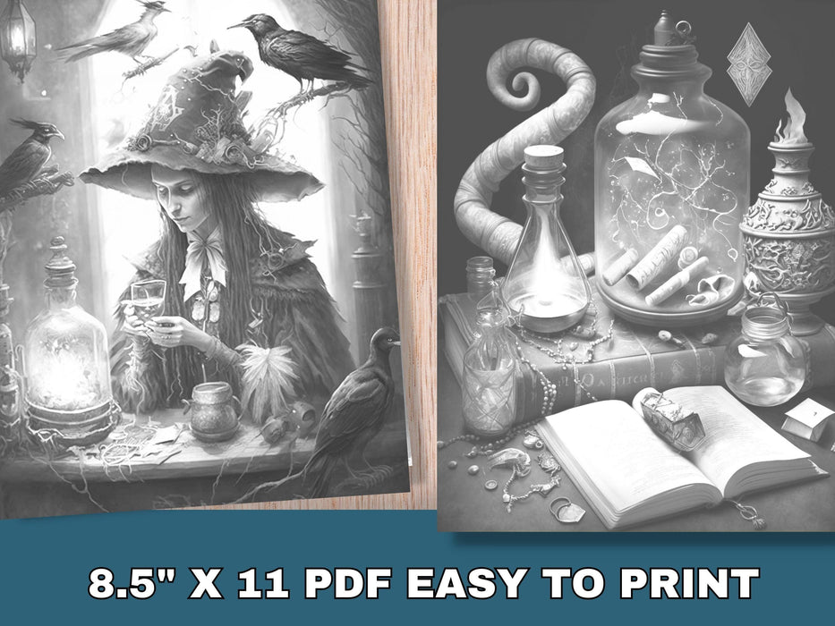 Haunted house set of 12 adult coloring pages, witches magic fantasy coloring book witch spell potions digital download grayscale printable