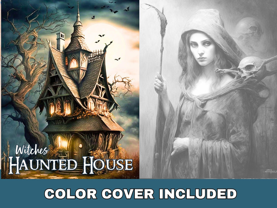 Haunted house set of 12 adult coloring pages, witches magic fantasy coloring book witch spell potions digital download grayscale printable